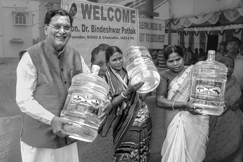Dr Bindeshwar Pathak at a welcome function at the Sulabh Sulabh Safe Drinking Water treatment plant in Panchberia village, Paschim Medinipur district, West Bengal